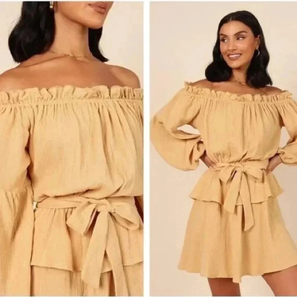 PETAL AND PUP Women's Beige Callie Off Shoulder Mini Dress Size M Medium NWT